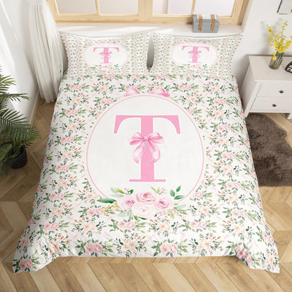 Erosebridal Peach Blossom Duvet Cover Twin Size Letter T Bedding Set for Kids Girls WomenPreppy Kawaii Coquette Girly Comforter Cover Fashion Princess Dreamy Ribbon Bow Bedclothes