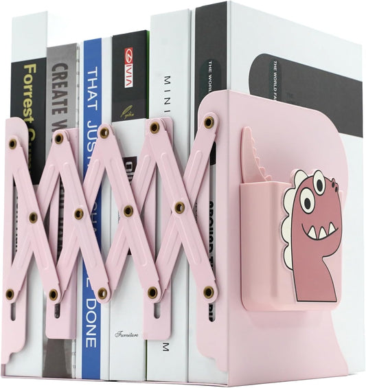 Adjustable Book Ends for Heavy Books, Cute Metal Heavy Duty Bookends for Shelves, Book Organizer for Kids Desk (Pink)