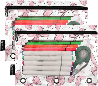 Cute Bows Pink Pencil Pouch for 3 Ring Binder, 2 Pack Waterproof Pencil Bags Clear Window Zipper School Office Supplies