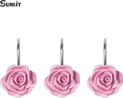 Sunlit Rose Shower Curtain Hooks, Home Decorative Flower Shower Curtain Rings for Bathroom, Resin, Pink Floral Shower Curtain Hanger Hooks for Living Room, Set of 12