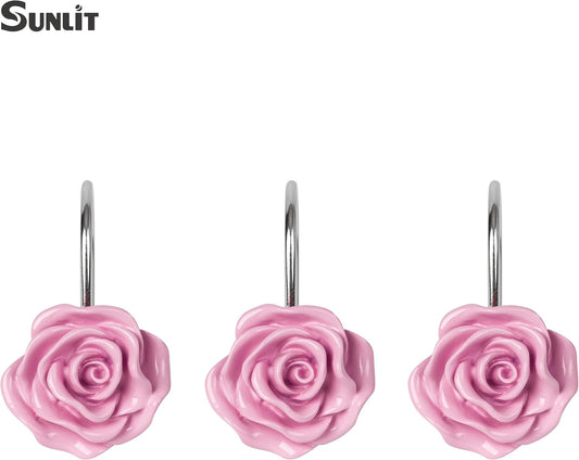 Sunlit Rose Shower Curtain Hooks, Home Decorative Flower Shower Curtain Rings for Bathroom, Resin, Pink Floral Shower Curtain Hanger Hooks for Living Room, Set of 12