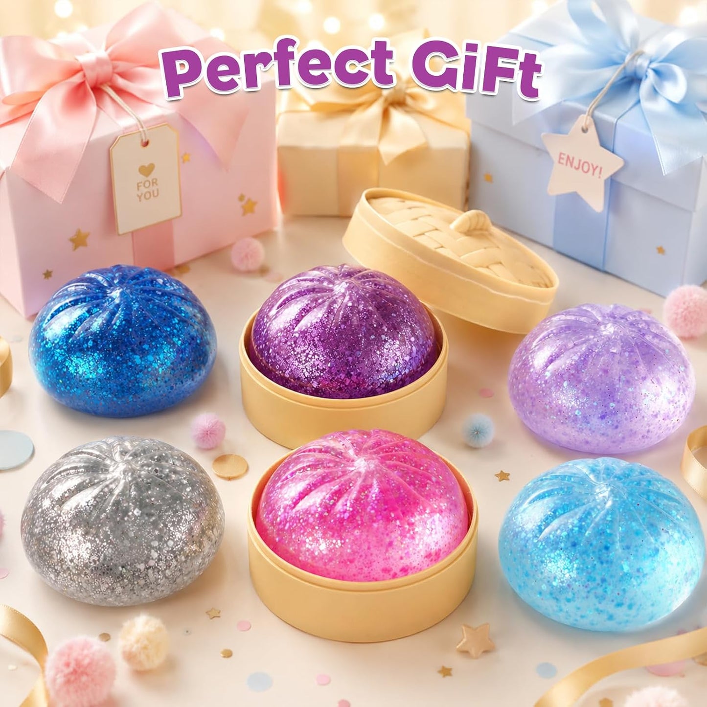 Sugar Dumpling Squishy Mystery Box - Cute Viral Squishy Dumpling Toy, Slow Rising Fidget Squeeze Toys for Stress Relief, Perfect for Desk Toys & Party Favors(Flash Pink)