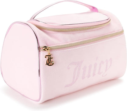 Juicy Couture Pink Makeup Bag Cosmetics Organizer Travel Essentials Hanging Duffel Velour Rhinestones