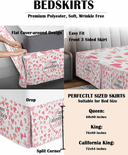 Valentine's Day Bed Skirt Queen Size 16 Inch Drop with Split Corners, Dust Ruffled Pleated Bed Skirts Wrap Around Tailored Bedding Skirt Valance for Bedroom Peach Pink Love Floral Modern Romantic