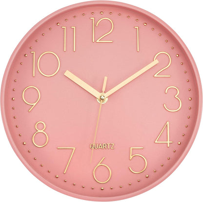 Lumuasky Pink Wall Clock Modern Battery Operated Analog Small Cute Silent Non-Ticking Decorative Clock for School Office Classroom Bedroom Kitchen Living Room Nursery Decor (10 inch)