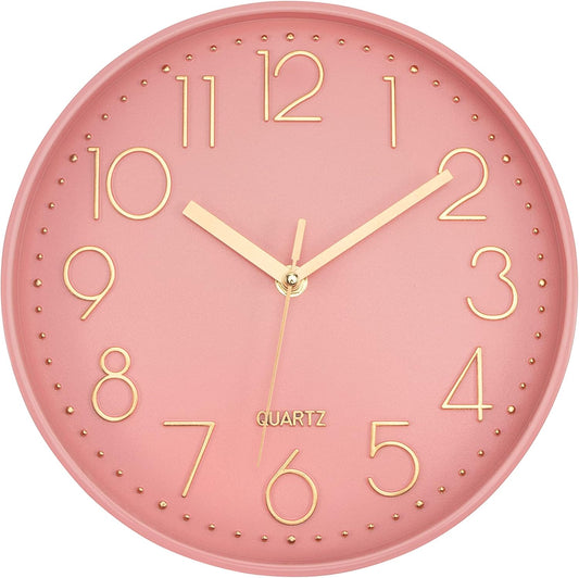Lumuasky Pink Wall Clock Modern Battery Operated Analog Small Cute Silent Non-Ticking Decorative Clock for School Office Classroom Bedroom Kitchen Living Room Nursery Decor (10 inch)