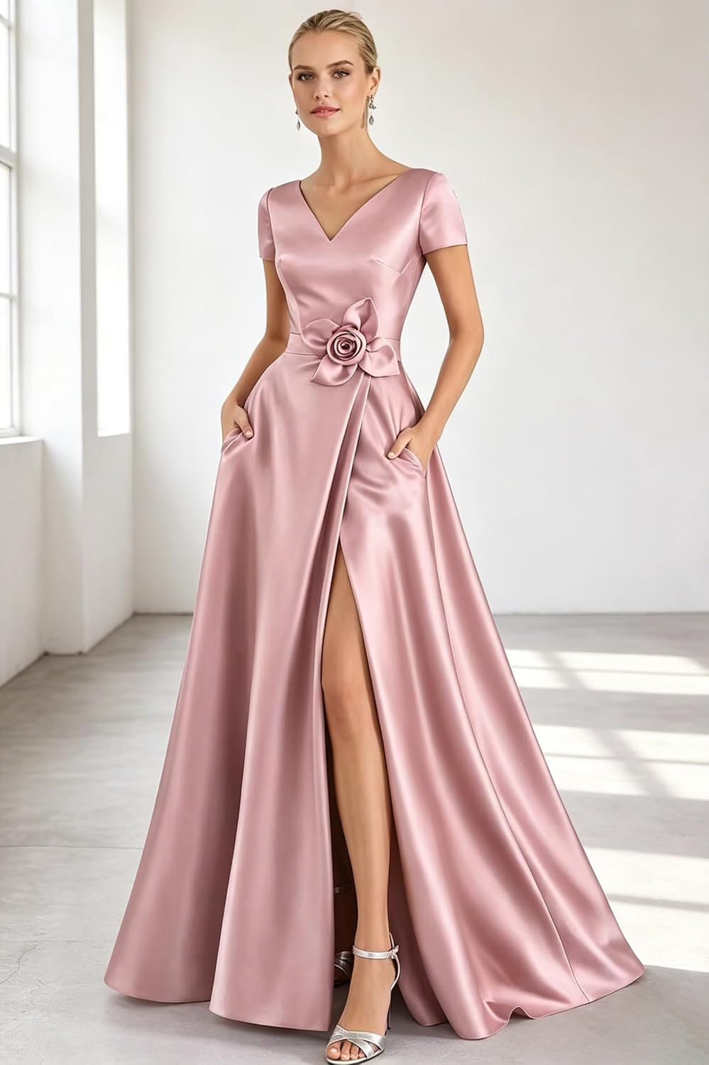 Short Sleeve Prom Dresses for Women 3D Flower Satin Formal Evening Gown with Slit V Neck Long Mothet of The Bride Dress