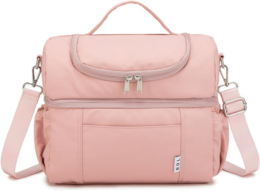 NOL Natural Organic Lifestyle Adult Lunch Box Insulated Lunch Bag Large Dual Compartment Lunch Bag Coolers Lightweight Nylon Waterproof Lunch Box for Work, Picnic, Travel, Outdoors, Pink