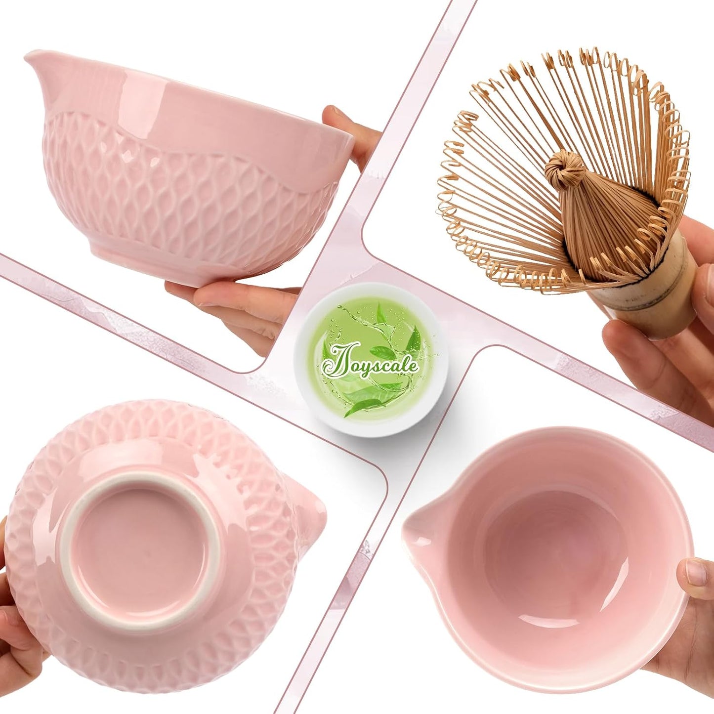 Joyscale Matcha Whisk Set, Matcha Set Whisk And Bowl, 8 Pcs Matcha Kit Set(Texture Design), 16 OZ, Japanese Matcha Tea Set, Matcha Making Kit Gifts for Tea Lovers(Pink)