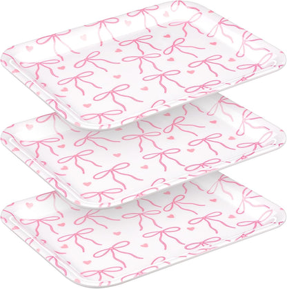 Tioncy 3 Pcs Pink Bow Serving Tray Bowknot Reusable Plate Dish 13" x 10" Decorative Tray Platter for Serving Food Room Organiser Home Party Supplies