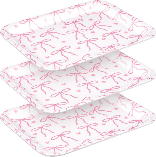 Tioncy 3 Pcs Pink Bow Serving Tray Bowknot Reusable Plate Dish 13" x 10" Decorative Tray Platter for Serving Food Room Organiser Home Party Supplies