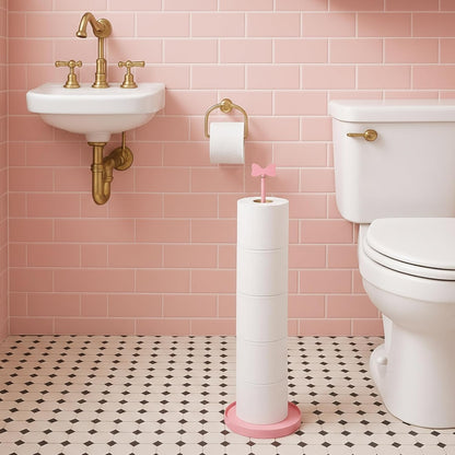 Sawysine Pink Bow Toilet Paper Holder Metal Cute Heavy Duty Toilet Paper Roll Storage Freestanding with Reserve Function Coquettish Bathroom Decoration Height 23.62
