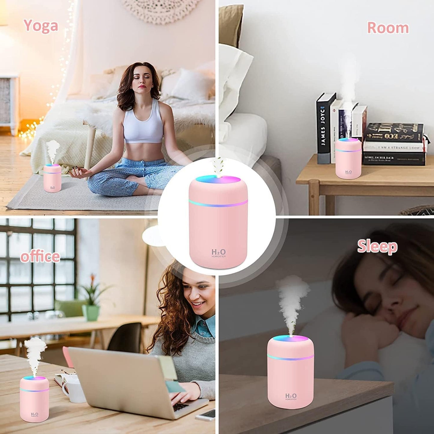 Mini Humidifier,300ml Small Cool Mist Humidifier with 7-Color LED Night Light,USB Personal Desktop Humidifier,2 Adjustable Mist Modes,Auto Shut-Off,Ultra Quiet,for Car,Office,Bedroom (Pink)