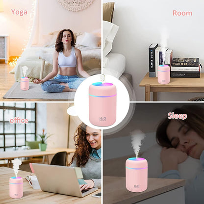Mini Humidifier,300ml Small Cool Mist Humidifier with 7-Color LED Night Light,USB Personal Desktop Humidifier,2 Adjustable Mist Modes,Auto Shut-Off,Ultra Quiet,for Car,Office,Bedroom (Pink)
