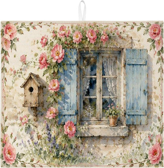 Floral Dish Drying Mats for Kitchen Counter, Peach Rose Absorbent Dish Drainer Rack Mat, Spring Vintage Microfiber Drying Pad for Coffee Bar Protector 16x18 Inch