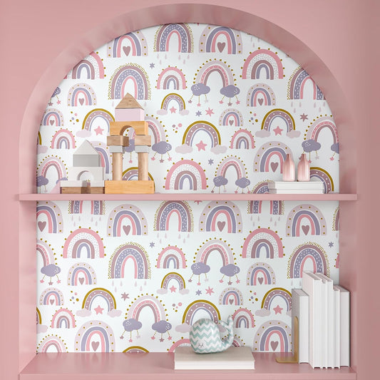 CHIHUT 17.7"x100" Pastel Rainbow Wallpaper Soft Pink Purple Blue Wall Mural with Clouds Stars Pattern Wallpaper Peel and Stick Rainbow Contact Paper for Kids Room Nursery Playroom Wall Décor