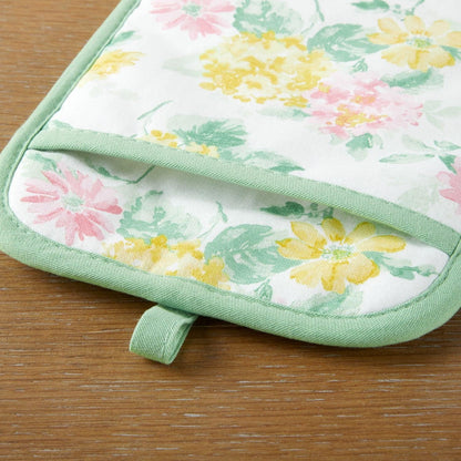 Martha Stewart Amber Floral Oven Mitt & Pot Holder Set 2-Pack, Pink/Yellow, OM: 7"x13" & PH: 7"x10"
