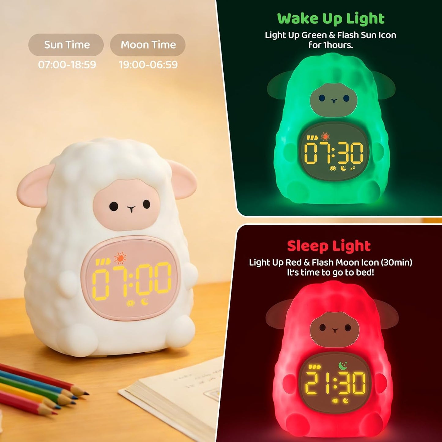 Sheep Alarm Clock with Night Light for Kids with Sleep Training and Sound Machine, Rechargeable Silicone Lamp OK to Wake Clock，Cute Animal Tabletop Lamp, Perfect Sleep Companion for Boys Girls, Pink