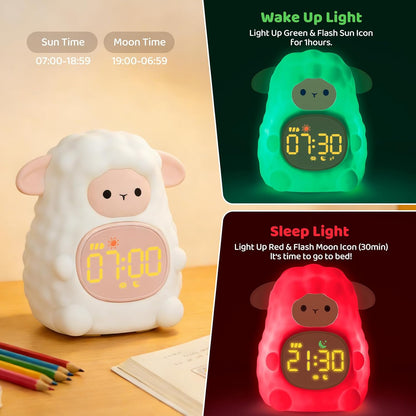 Sheep Alarm Clock with Night Light for Kids with Sleep Training and Sound Machine, Rechargeable Silicone Lamp OK to Wake Clock，Cute Animal Tabletop Lamp, Perfect Sleep Companion for Boys Girls, Pink