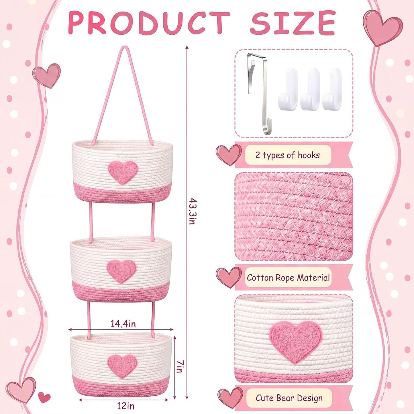 3-tier Heart Theme Cotton Rope Hanging Basket Organizer, Wall Storage Bin with Hooks, Pink White over Door Decorative Nursery Closet Hanging Accessories