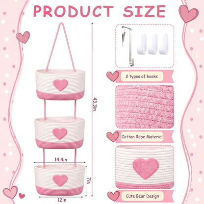 3-tier Heart Theme Cotton Rope Hanging Basket Organizer, Wall Storage Bin with Hooks, Pink White over Door Decorative Nursery Closet Hanging Accessories