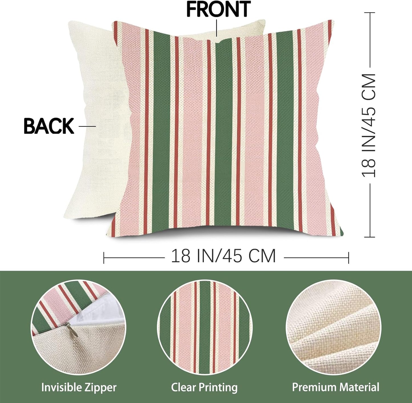 Pink Green Striped Decorative Throw Pillow Covers 18 x 18 Set of 2, Boho Modern Minimalist Bedroom Living Room Outdoor Home Decor, Farmhouse Neutral Sofa Couch Cushion Case Housewarming Gifts