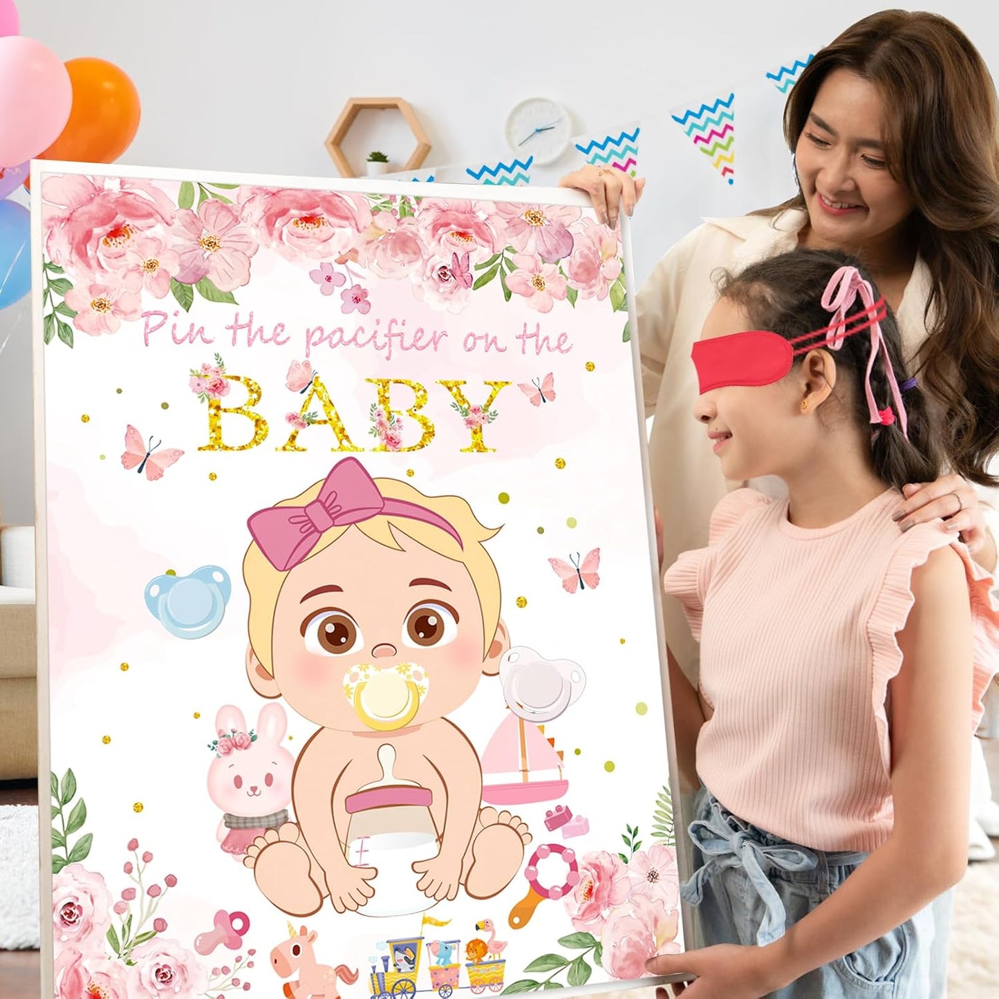 WNINK Pin The Pacifier On The Baby Pink Baby Shower Game Party Decorations Include Large Poster 30 Pacifier Stickers Game Set for Baby Shower Activity, Gender Reveal, Birthday Party Decor Supplies