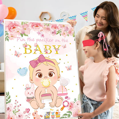 WNINK Pin The Pacifier On The Baby Pink Baby Shower Game Party Decorations Include Large Poster 30 Pacifier Stickers Game Set for Baby Shower Activity, Gender Reveal, Birthday Party Decor Supplies