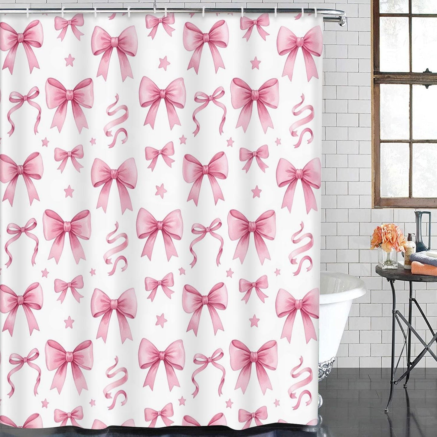 ArtSocket Bow Pink Coquette Bathroom Set with Shower Curtain and Bath Rugs and Accessories, Star Preppy Non-Slip Shower Curtain Set, Bathroom Decor 3 Pcs, 72" L x 72" W