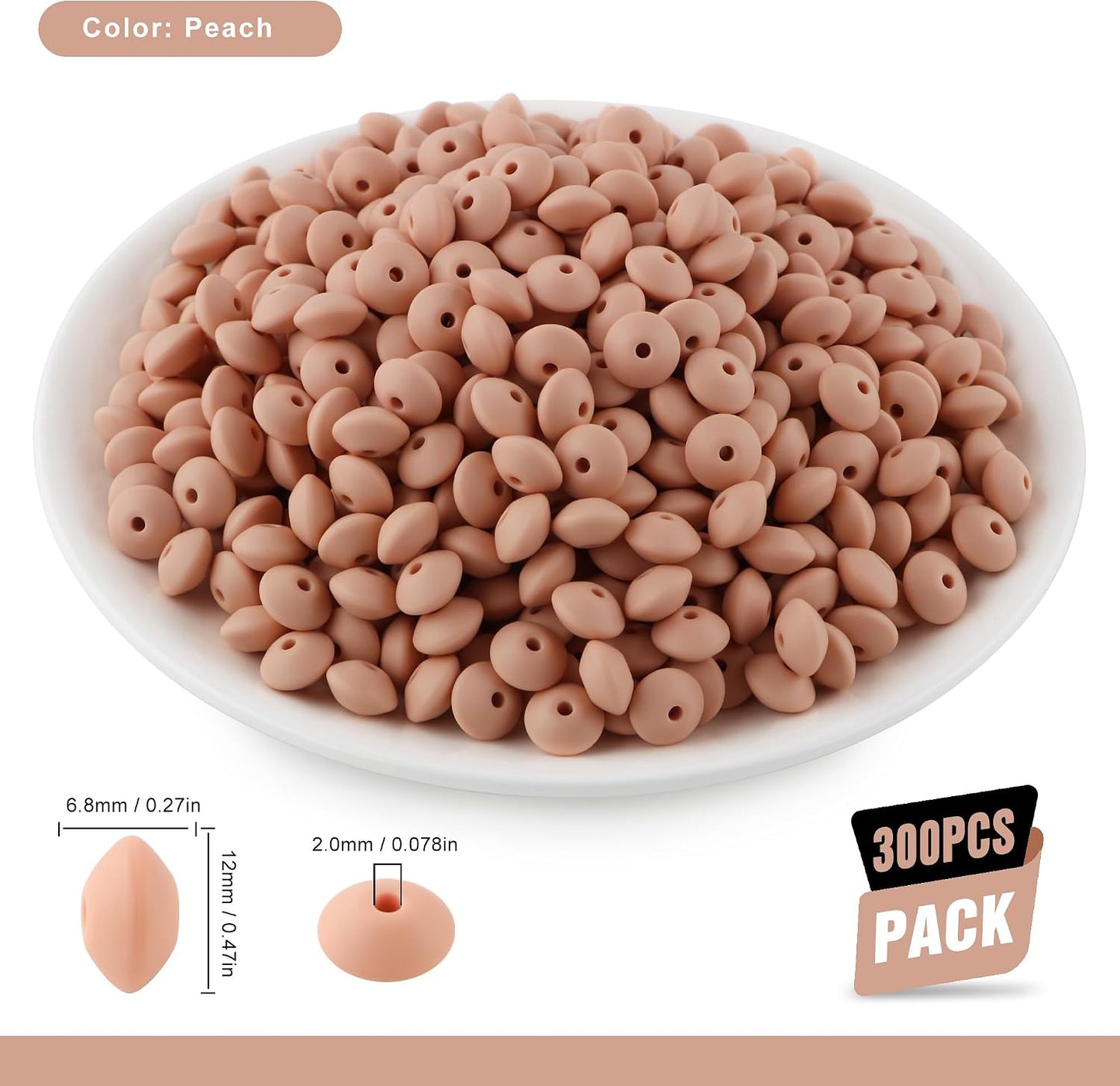 300Pcs 12mm Silicone Lentil Beads, Silicone Spacer Beads for Necklace Bracelet Keychain Pens Craft(Peach)