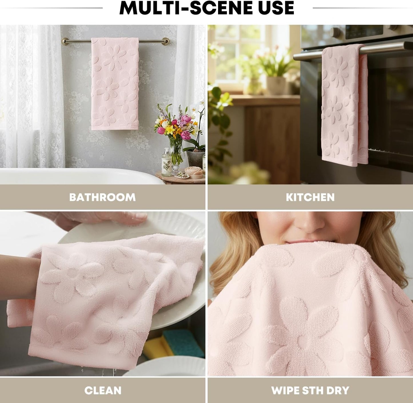 Artoid Mode 2 Pcs Pink 3D Floral Jacquard Spring Hand Towels for Bathroom, 100% Cotton Soft Absorbent Bathroom Decor Towels, 13.7 x 29.5 Inch