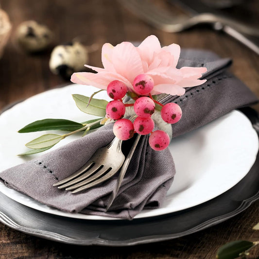 Fofetbfo Pink Flower Napkin Rings Set of 12 Silk Flower Napkin Holder with Pink Berries Wedding Napkin Holder Buckles for Wedding Birthday Party Dinner Tables Decor