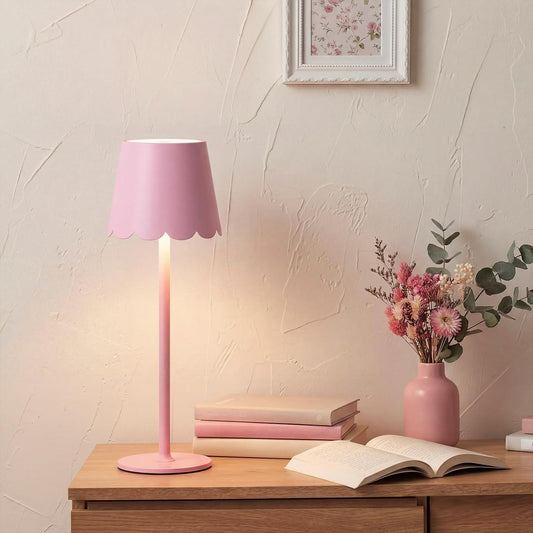 Pickmesh 1 Pack Scalloped Edge Cordless Table Lamp 3 Color Dimmable LED Rechargeable Battery Desk Light Mahjong Lamp for Living Room Dining Bedside Desk Kitchen Counter (Pink)