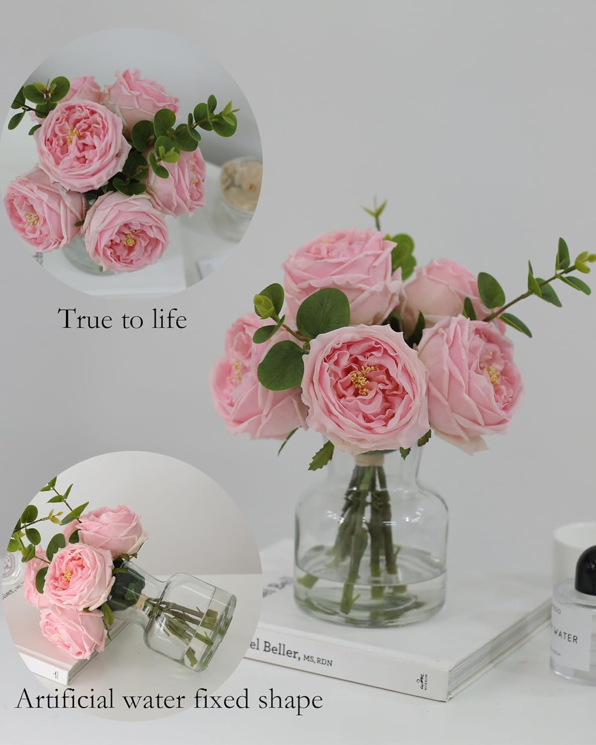 CHASMILE Artificial Flowers with Pink Roses in Vase, Lifelike Fake Flowers in Vase, Faux Flower Arrangements for Dining Table Centerpiece Decor, Table Centerpieces for Dining Room