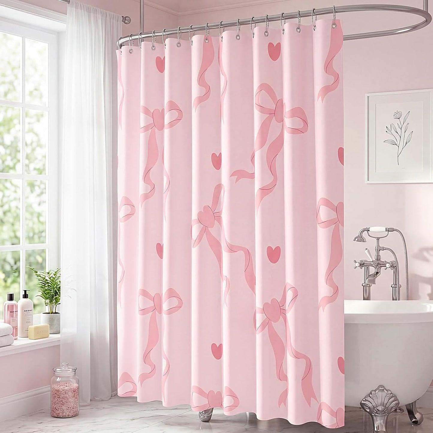 Haull Pink Bow Shower Curtain for Bathroom Coquette Preppy Curtain Decorations with 12 Hooks Pink Bow Aesthetic Bathroom Decor Waterproof Shower Accessories, 72 x 71 Inch