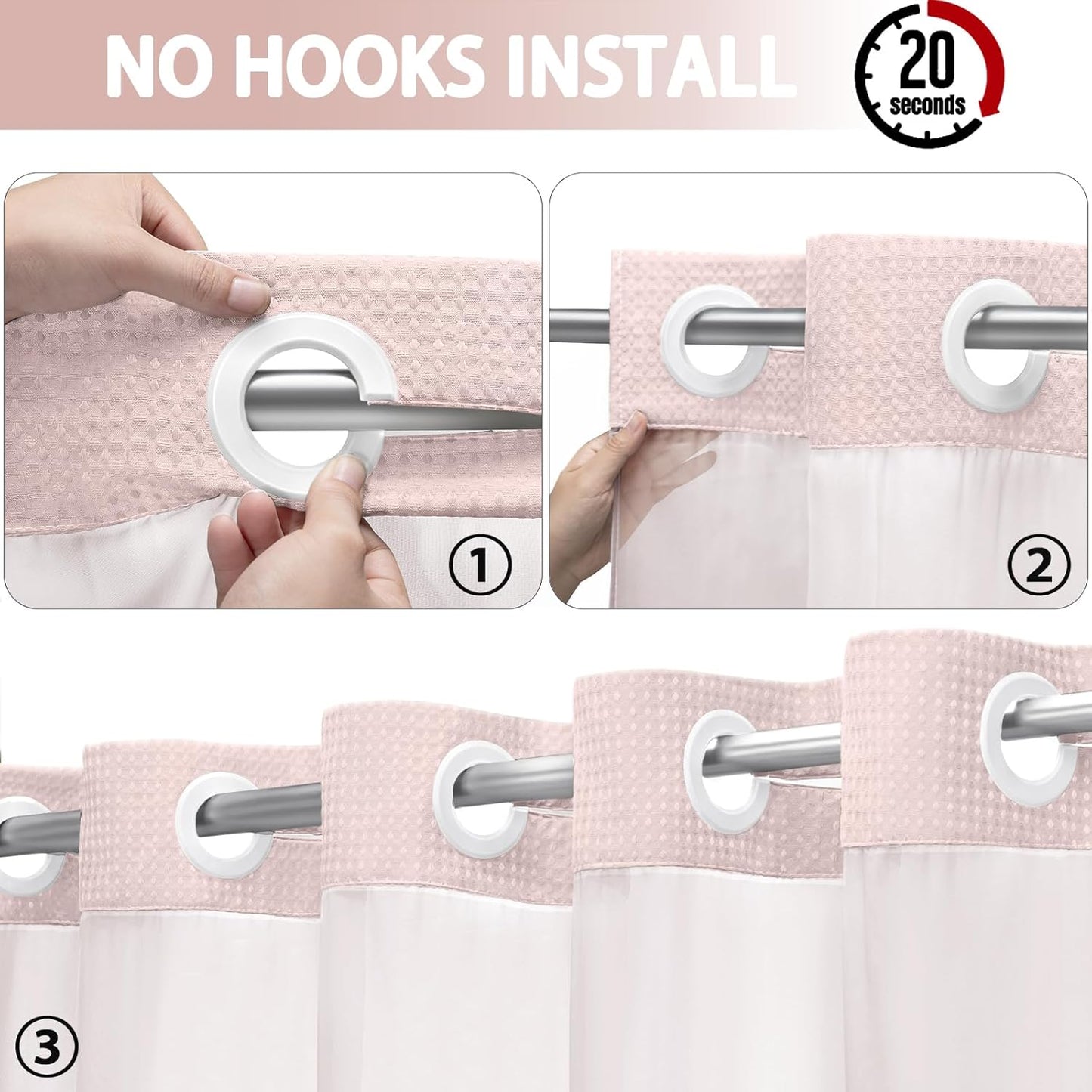 No Hook Shower Curtain and Liner Set,Blush Pink Hotel Waffle Shower Curtain with Liner 75" L x 72" W