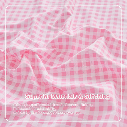 Gingham Queen Sheet Set, Lightweight Super Soft Brushed Microfiber Plaid Bed Sheets with 16" Deep Pocket, 4 Piece Ruffle Farmhouse Bedroom Decor, Pink