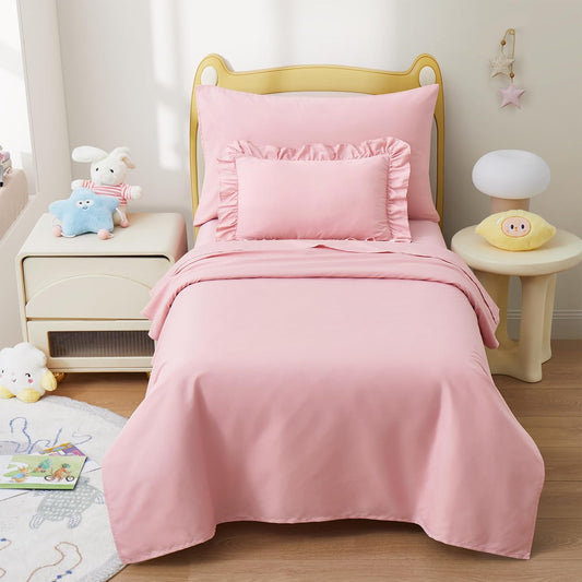 4 Piece Soft Toddler Sheet Set, Includes Flat Sheet, Fitted Sheet, Standard Pillowcase, Ruffled Toddler Pillowcase, Microfiber Bedding for Toddlers/Boys and Girls(Light Pink)