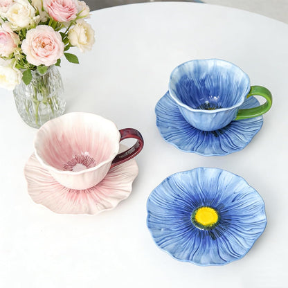 Ceramic Coffee Mug with Saucer Set, 10 Oz Flower Coffee Mug Tea Cup Set for Women, Floral Coffee Latte Mug, Porcelain Fancy Teaware for Birthday Wedding Mother's Day Gift Party (Pink)