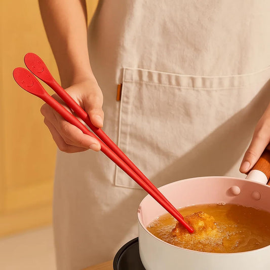 Reusable 12" Long Silicone Cooking Chopstick with Spoon & Band – Non-Slip, Stainless Steel Core, Non-Scratch Utensil for Tempura, Frying, Hot Pot, BPA-Free, Dishwasher Safe, Made in Korea ( Pink )