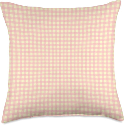 Cute Light Pink Yellow Gingham Check Plaid Checkered Pattern Throw Pillow