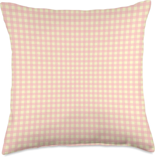 Cute Light Pink Yellow Gingham Check Plaid Checkered Pattern Throw Pillow