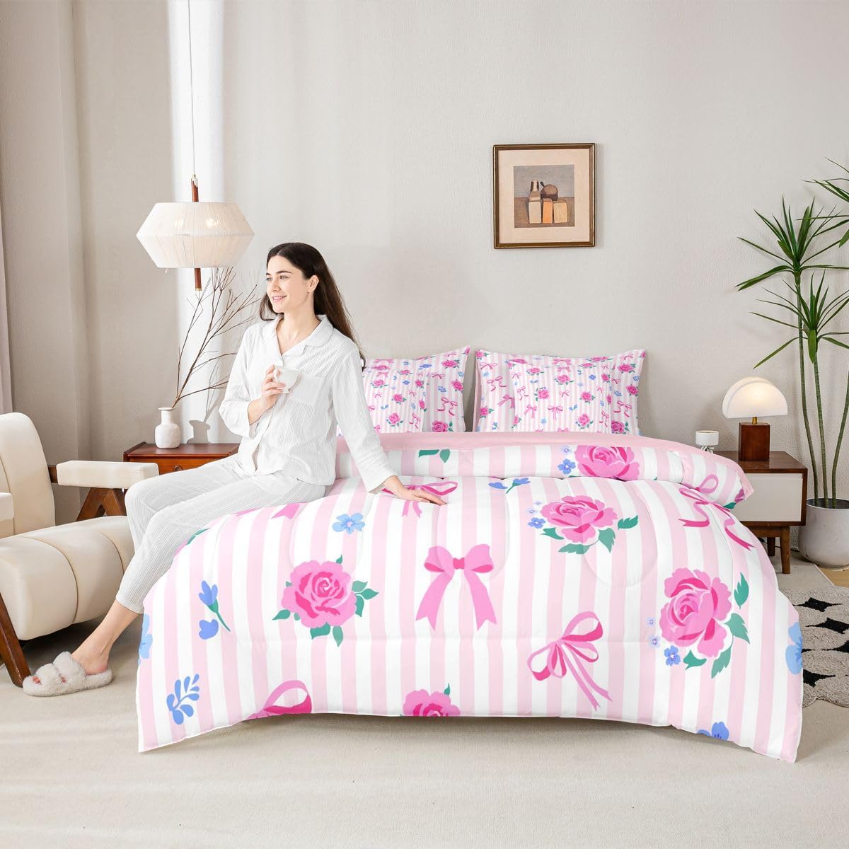Feelyou Cute Bow Comforter Set with Sheets 7 Piece Queen Size Romantic Rose Flower Bed in a Bag Kids Boys Girls Bow Tie Striped Bedding Set Bedroom Decor Breathable Soft Lightweight Microfiber