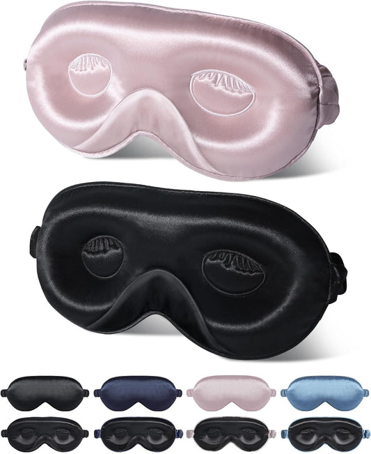 BeeVines 2 Pack 3D Contoured Sleep Mask 22 Momme Mulberry Silk Sleeping Eye Masks, Weighted Eye Cover for Lash Extensions, Night Light Blocking Blindfold, 100% Blackout Satin Covers for Men & Women