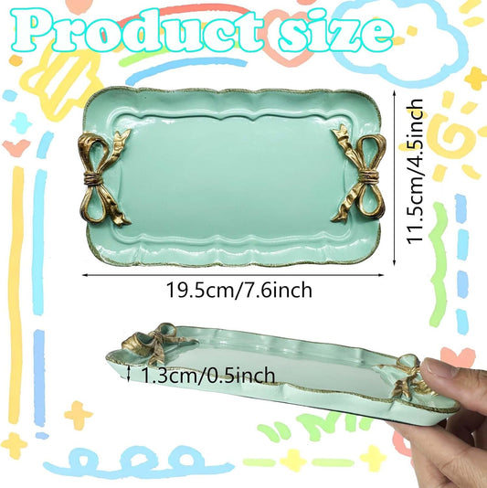 Cayway 2 PCS Vintage Resin Tray, Vintage Decorative Tray, Bow-Knot Resin Dish Plate for Towel Tray, Fruit Trays Rings Bracelets Earrings Holder, Green and Pink