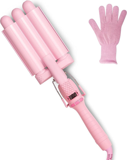 Mermade PRO Hair Waver 1" - 3 Barrel Curling Iron 1 Inch, Ceramic Barrel Waver Tool for Thick, Thin, Long, or Short Hair - 1", Pink with Glove