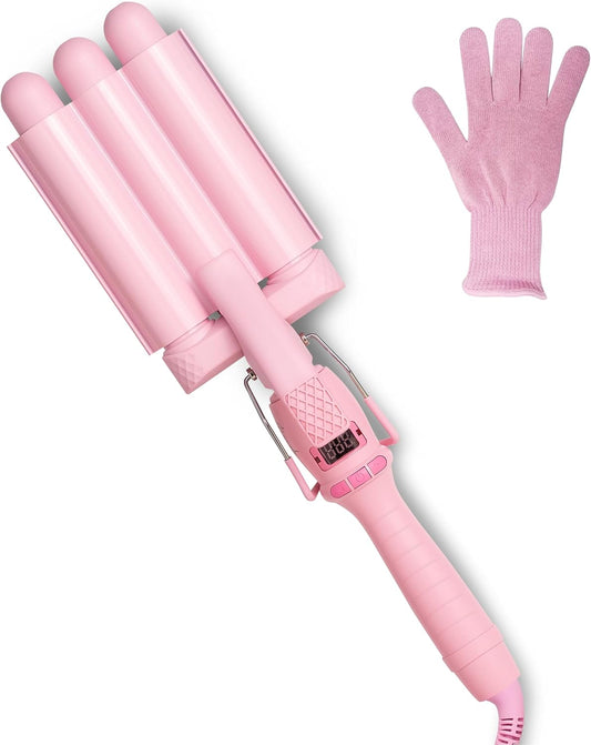 Mermade PRO Hair Waver 1" - 3 Barrel Curling Iron 1 Inch, Ceramic Barrel Waver Tool for Thick, Thin, Long, or Short Hair - 1", Pink with Glove