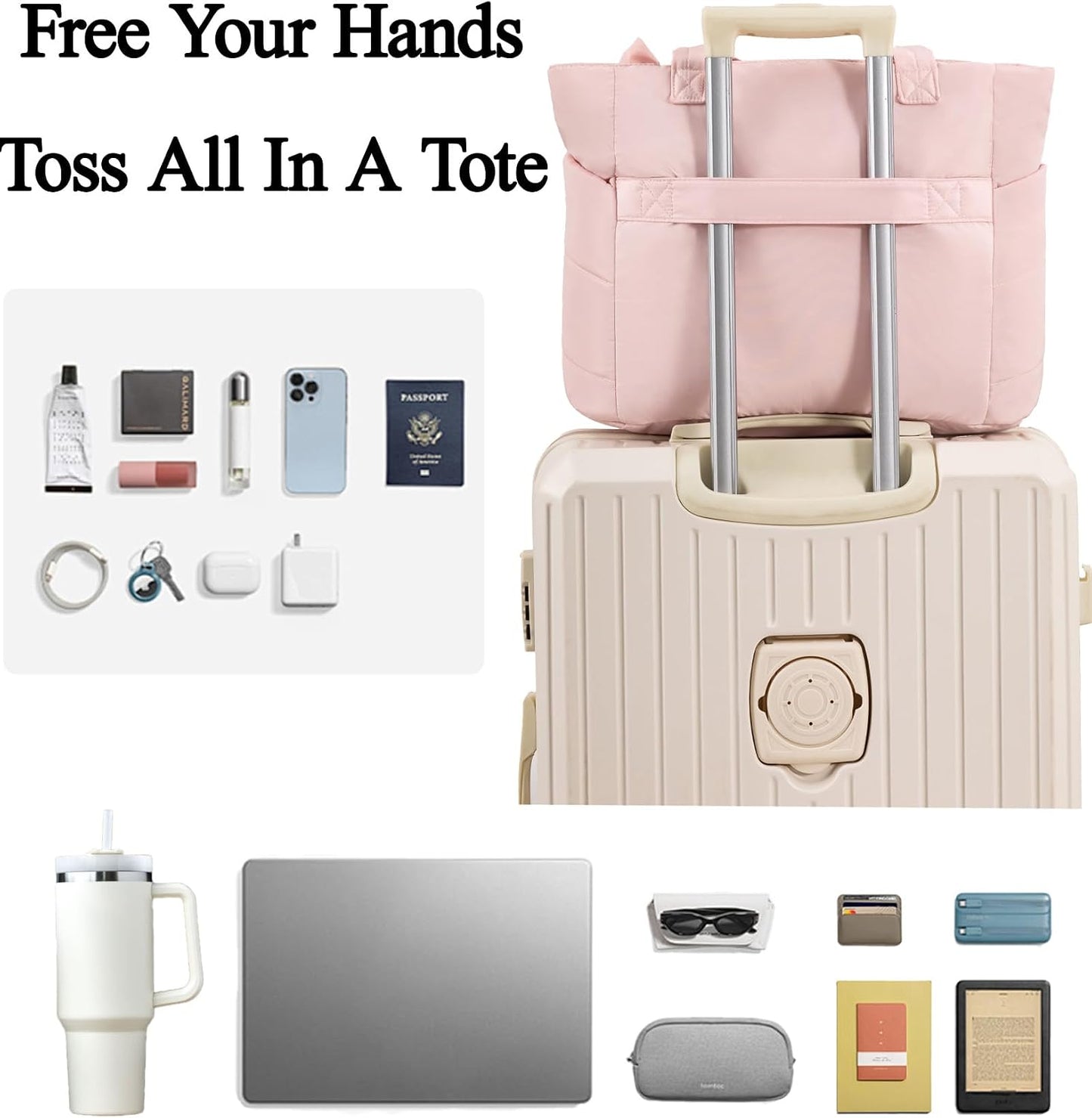 CTWWFS Puffer Tote Bag for Women, Quilted Bow Tote Bag with Cup Holder & 15.6 In Laptop Compartment for Work, Travel, Gym