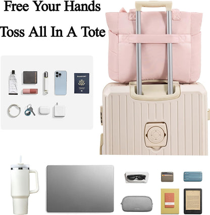 CTWWFS Puffer Tote Bag for Women, Quilted Bow Tote Bag with Cup Holder & 15.6 In Laptop Compartment for Work, Travel, Gym
