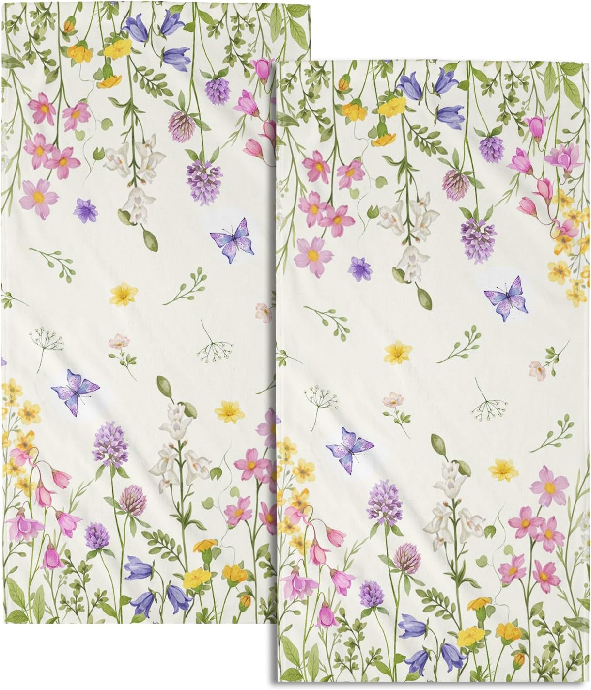 Spring Green Floral and Butterfly Hand Bath Towel Set of 2 Soft Absorbent Wildflower Flowers Print Dishtowel Pink Purple Flowers Tea Towels Cooking Wash Cloth for Kitchen Bar Gym Spa Decor 14x28 Inch